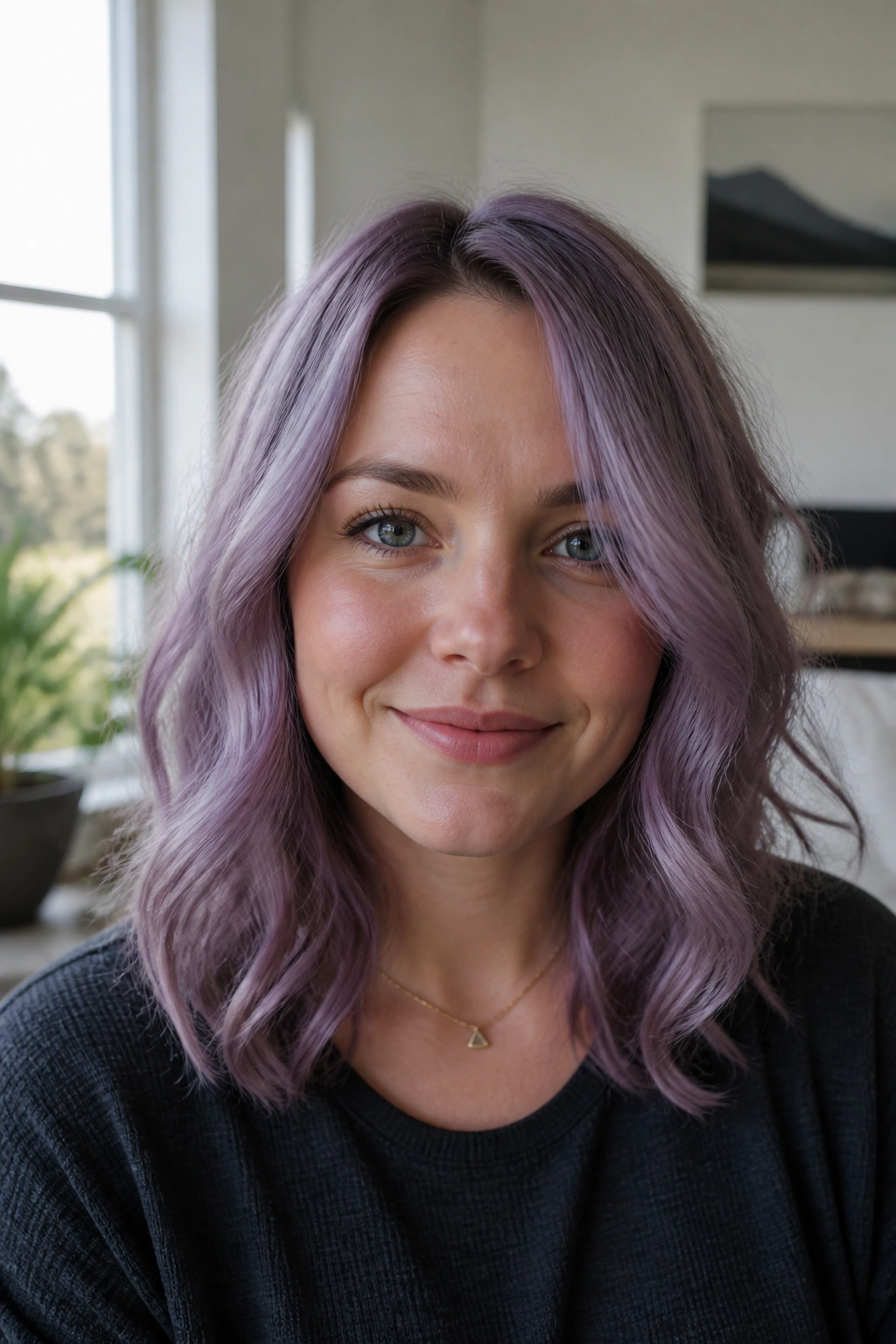 Real woman with dusty lilac waves and a slightly off-center part.