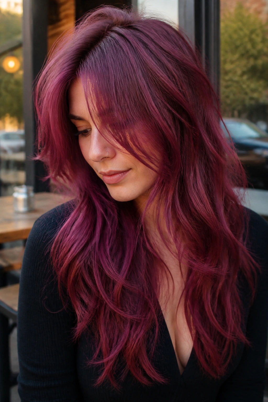 Portrait of a woman with dusty magenta layered hair