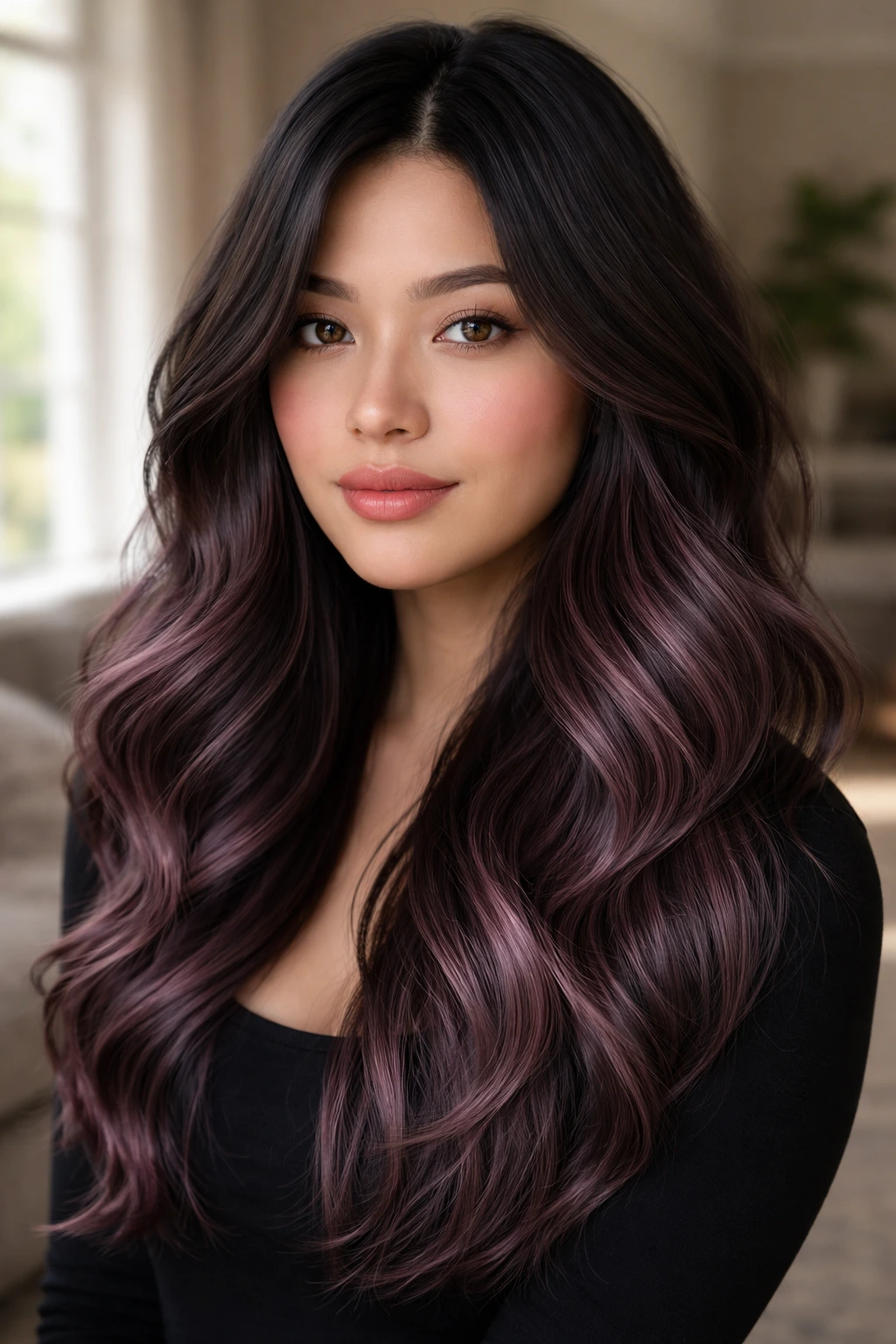Close-up of a real woman with black hair showing dusty mauve balayage blended through mid-lengths