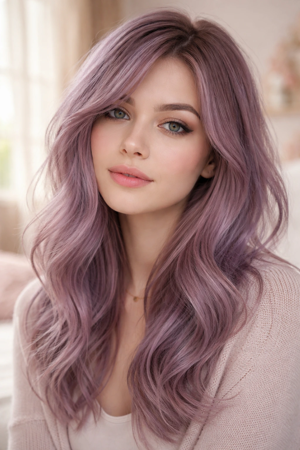 Close-up of a real person with dusty mauve and ashy lavender hair in natural window light