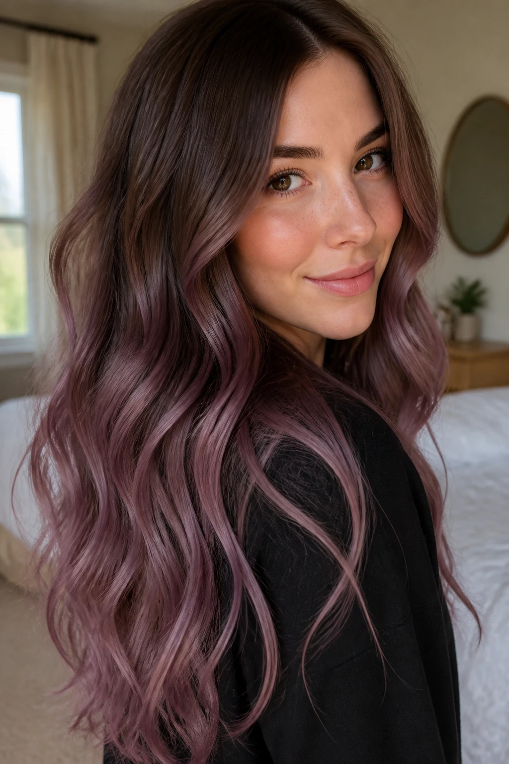 Close-up of a real woman with dusty mauve ombre from brown roots to violet ends