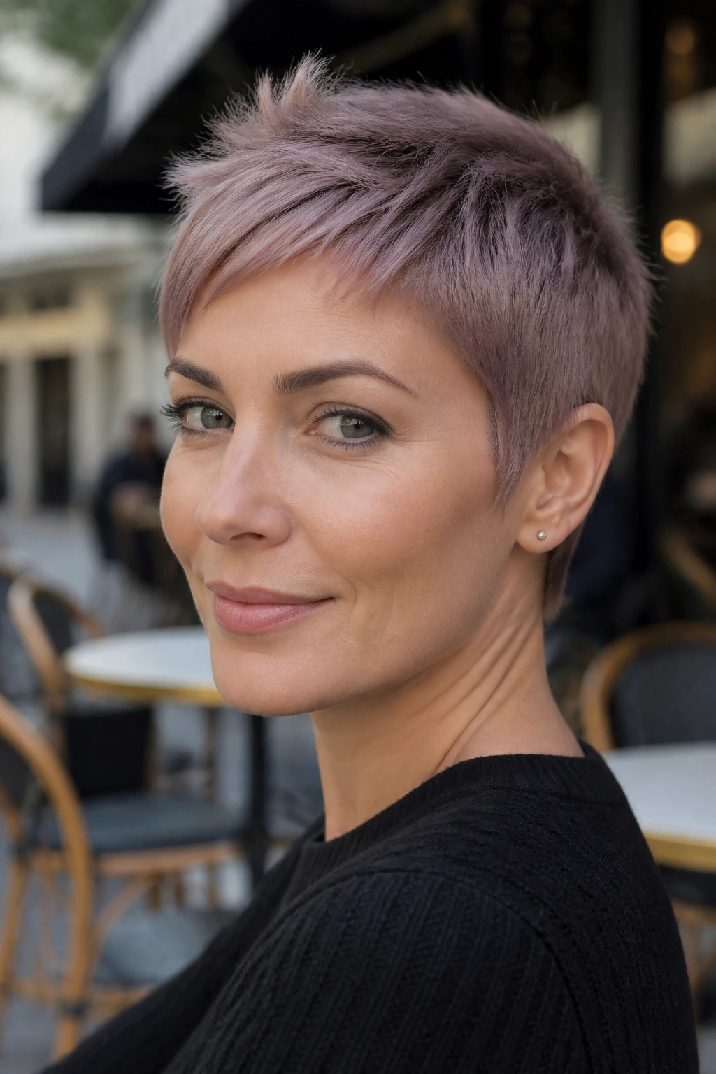 Close-up of real person with dusty mauve pixie cut