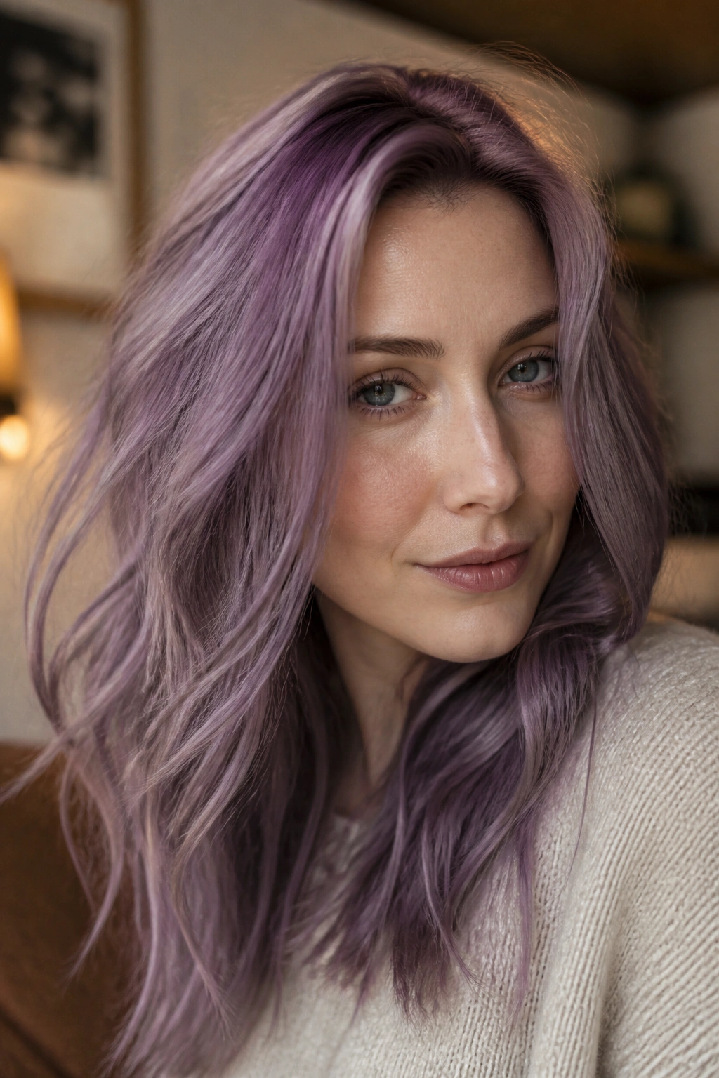 Close-up of a person with dusty mauve violet hair in a warm living room.