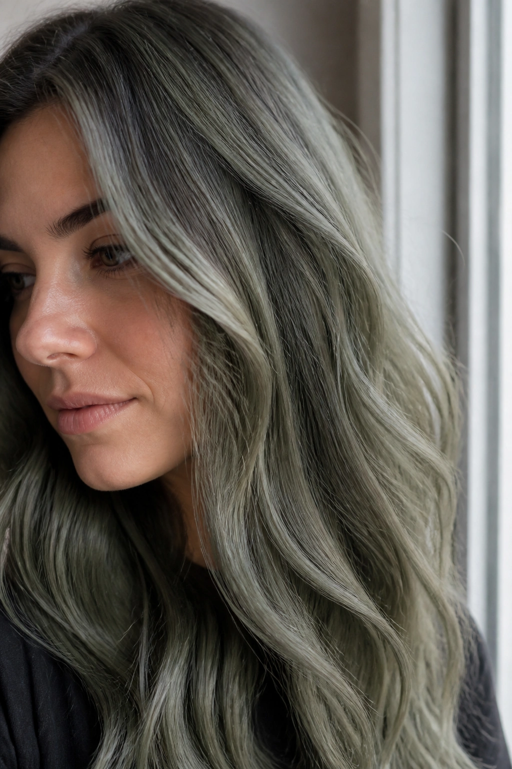 Close-up of real person with dusty olive and cool gray hair