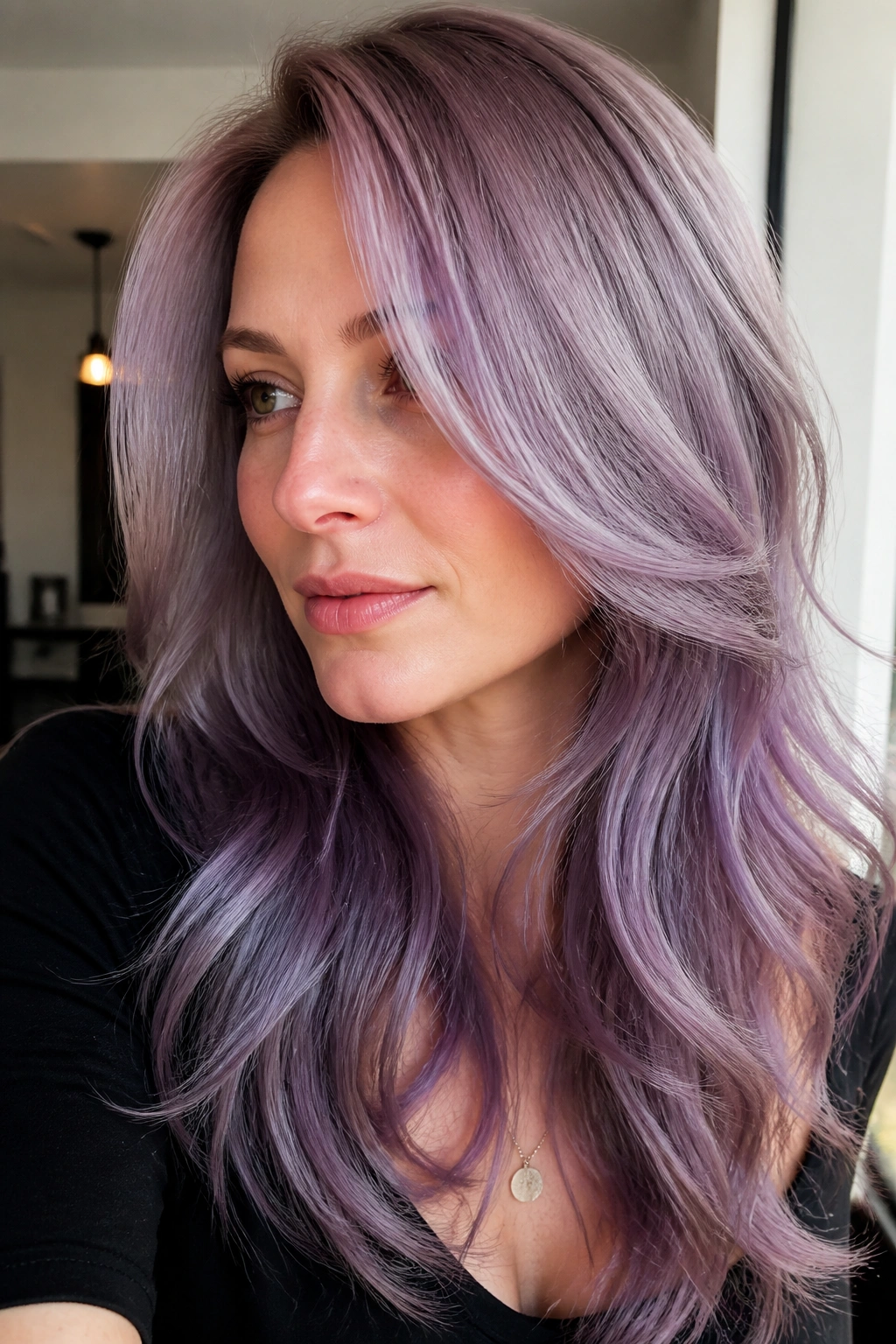 Close-up of Dusty Orchid Gloss hair with glossy gray-lilac finish on a real person.