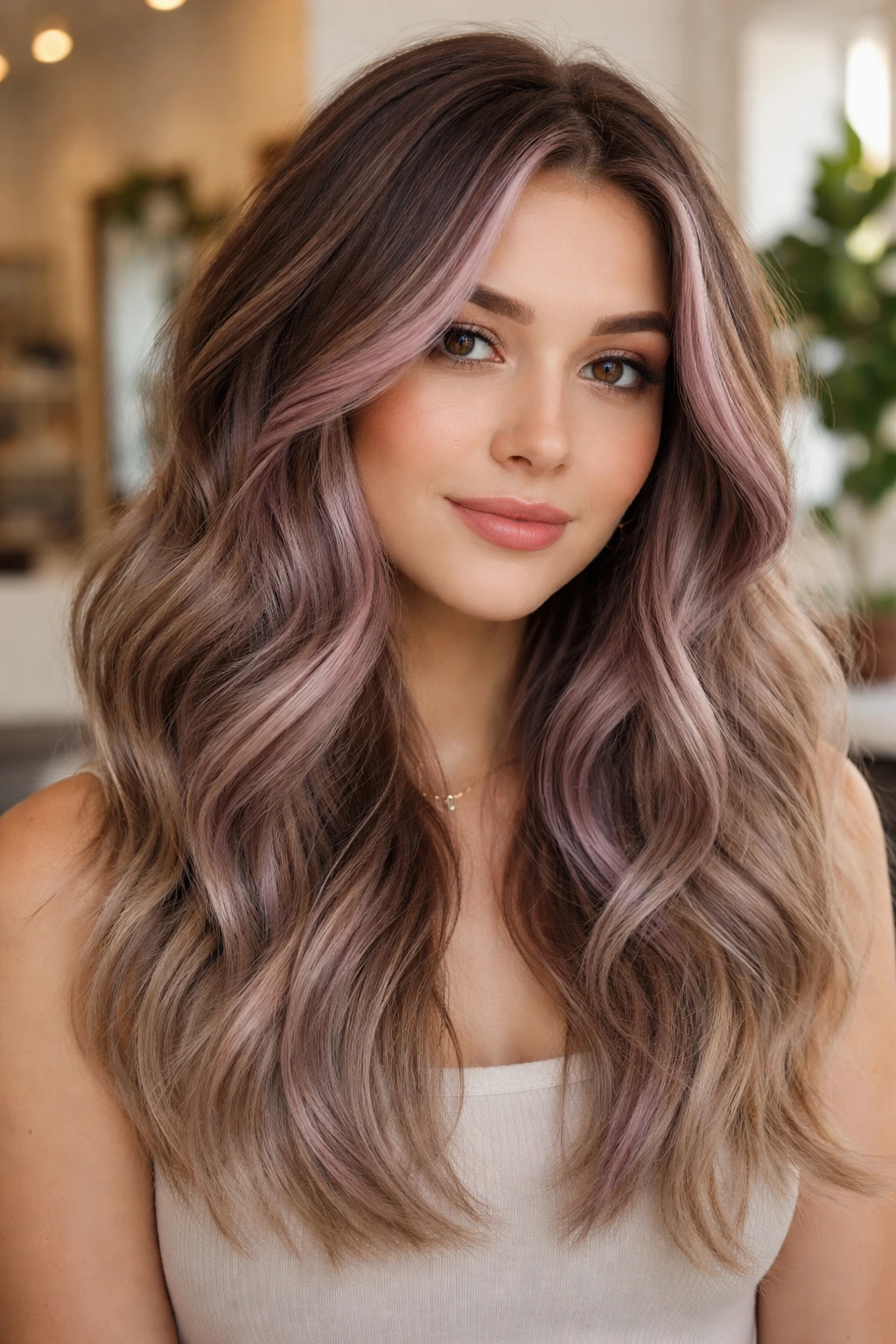Close-up of real person with dusty orchid reverse balayage in a sunlit salon.