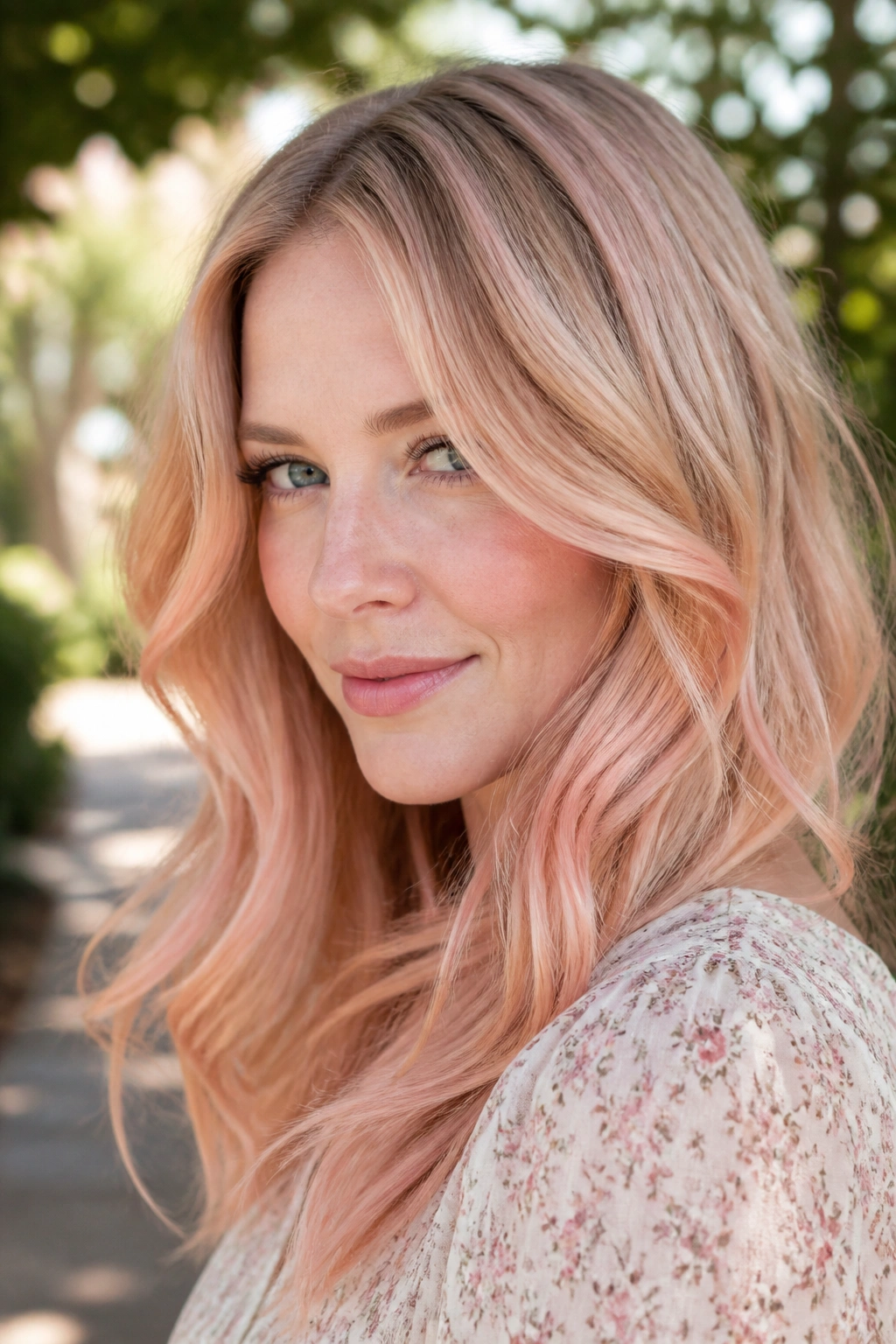 Portrait of a woman with dusty peach balayage in natural outdoor light