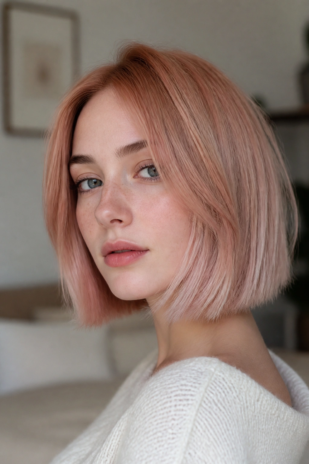 Close-up portrait of a real woman with a dusty peach strawberry blonde bob in natural window light