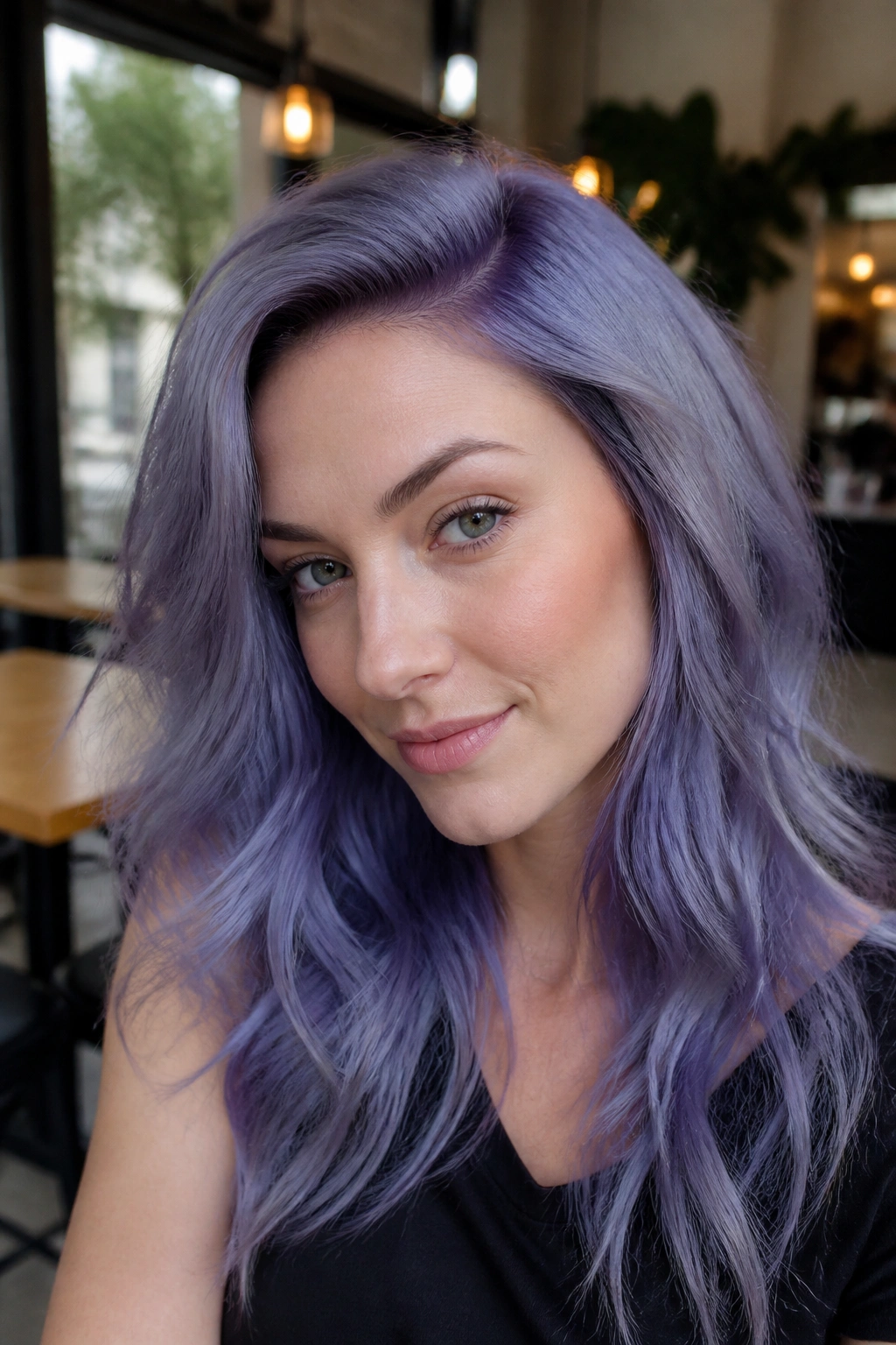 Close-up portrait of a real person with dusty periwinkle purple hair.