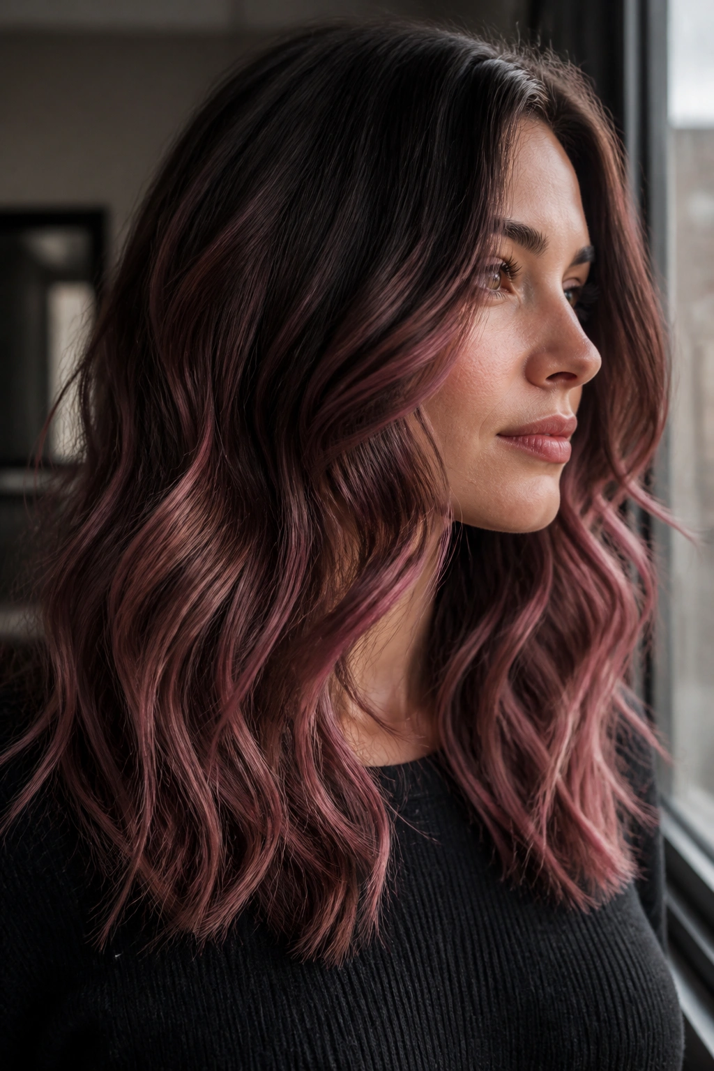 Dusty pink balayage on dark brunette with soft waves and mid-length pink ribbons.