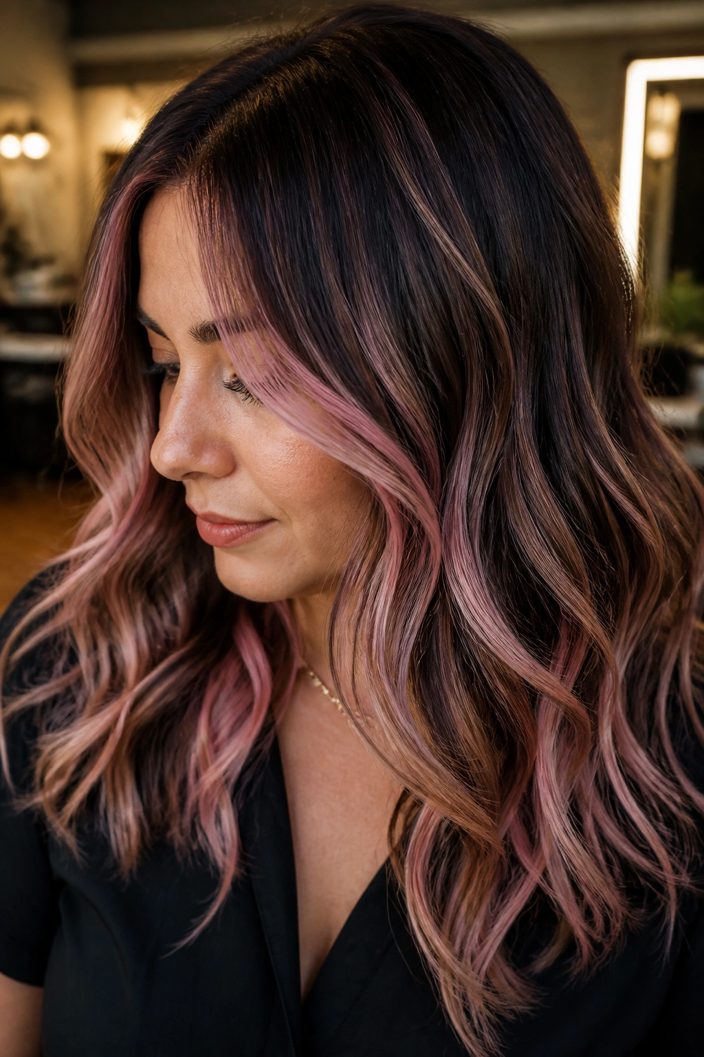 Close-up of chestnut hair with dusty pink caramel balayage, soft waves in salon lighting.