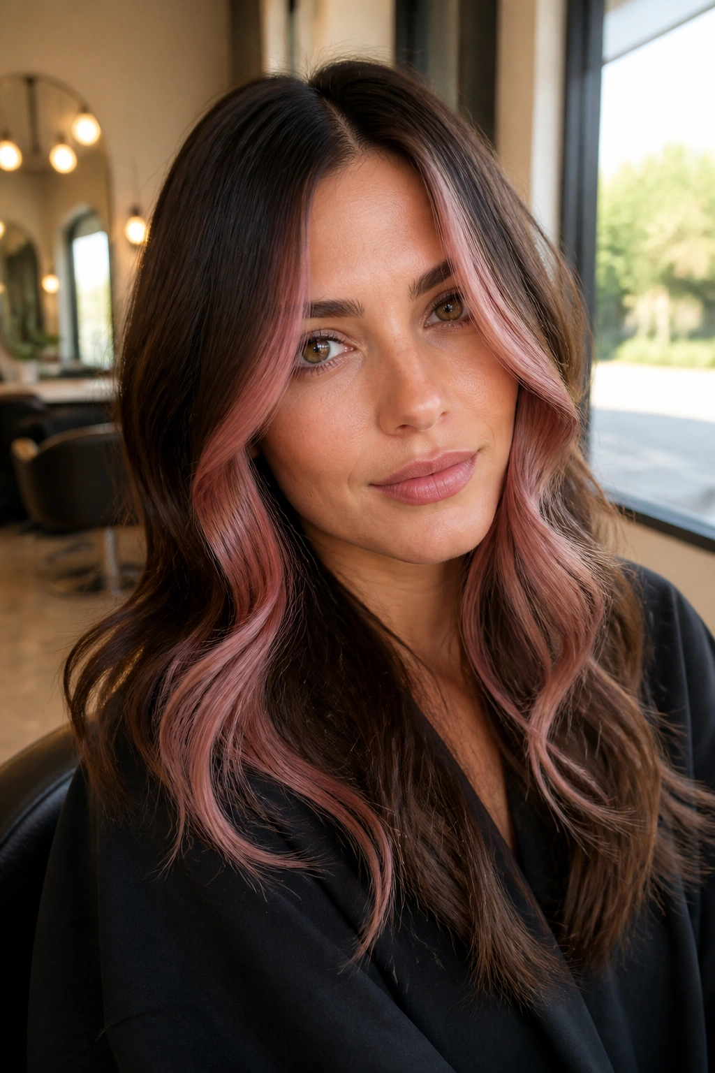 Close-up of a brunette with dusty pink face-framing pieces around the front