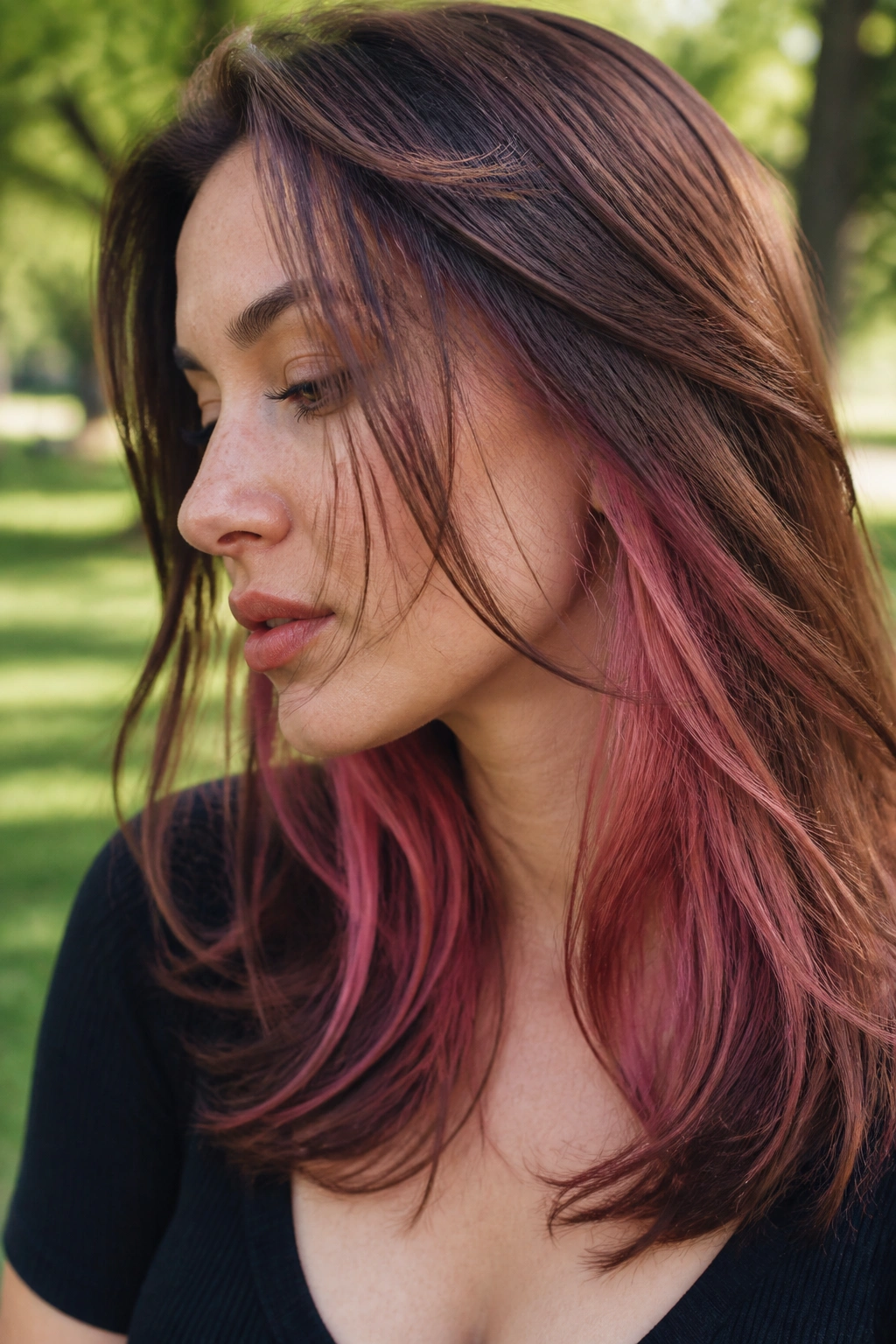 Close-up portrait showing dusty pink underlayer in brown hair