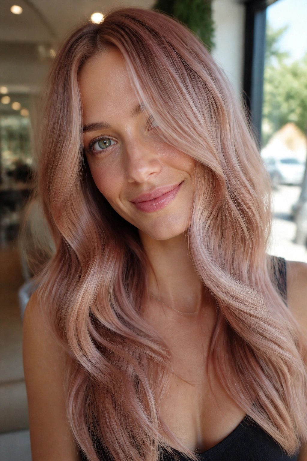 Real woman with dusty rose auburn blonde in soft waves