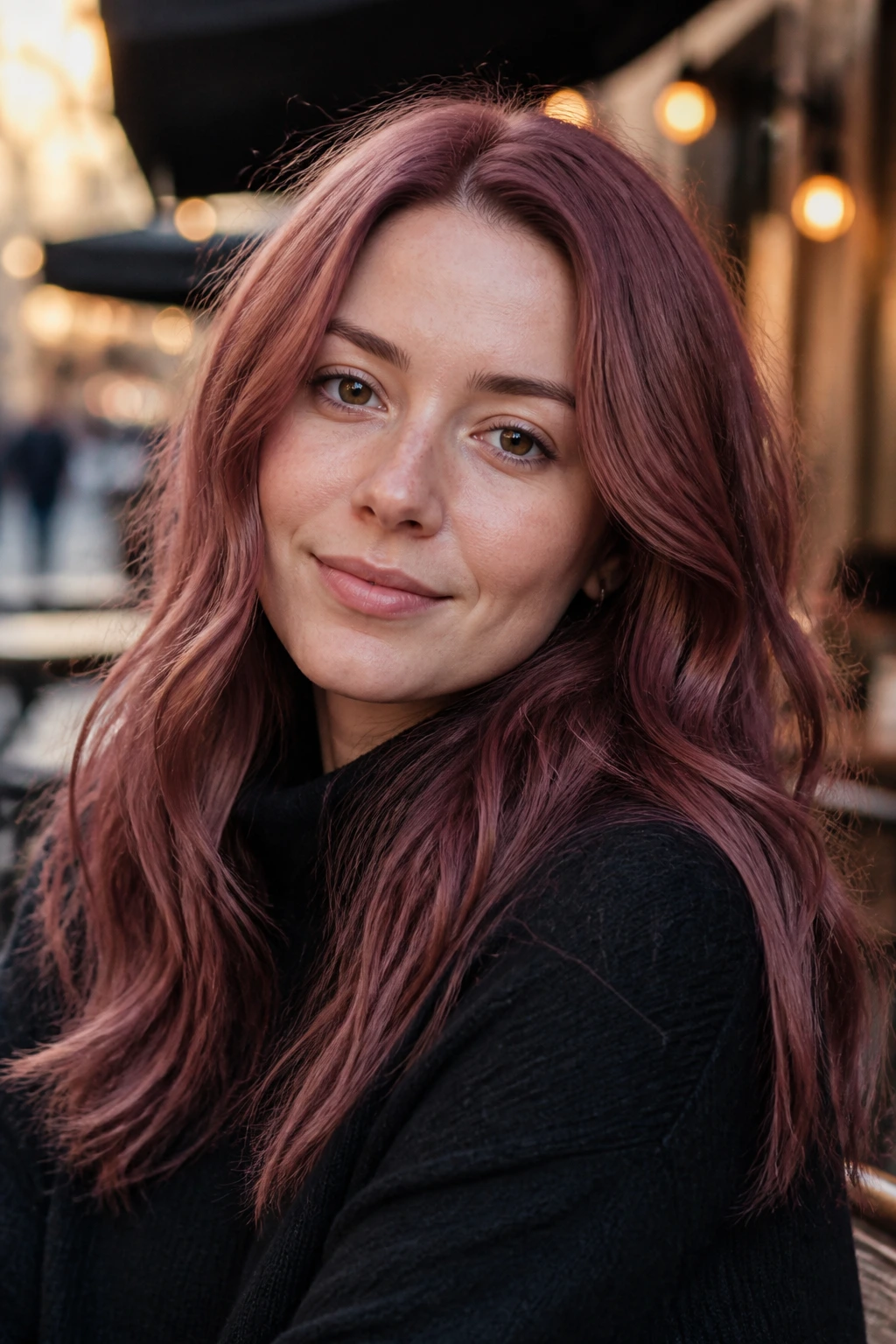 Close-up portrait of a real person with dusty rose auburn hair in a muted fashion-forward shade.