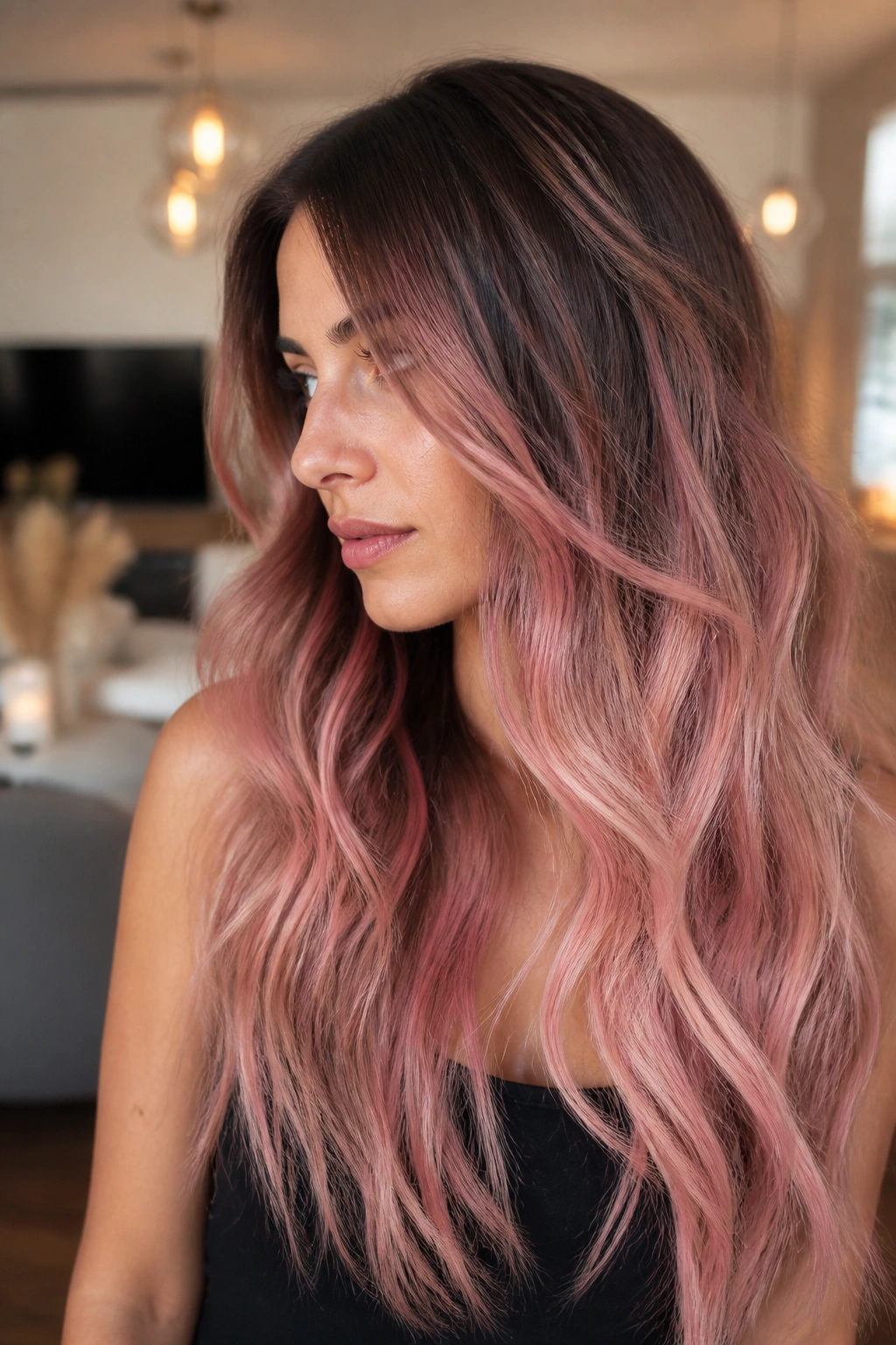 Close-up of real woman with dusty rose balayage ribbons through mid-lengths and ends