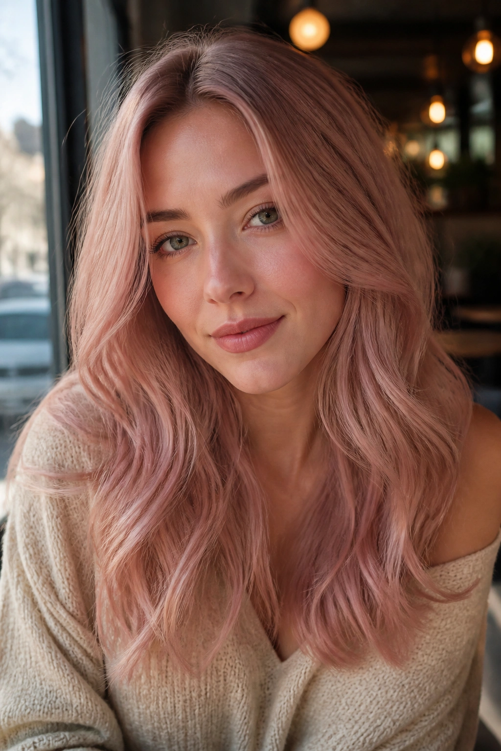 Close-up portrait of a person with dusty rose blonde hair near a cafe window