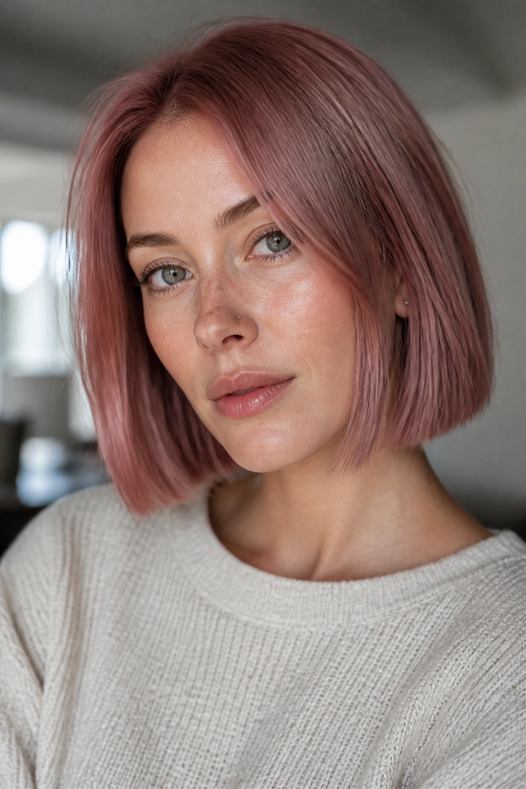 Close-up portrait of a real person with a dusty rose blunt bob