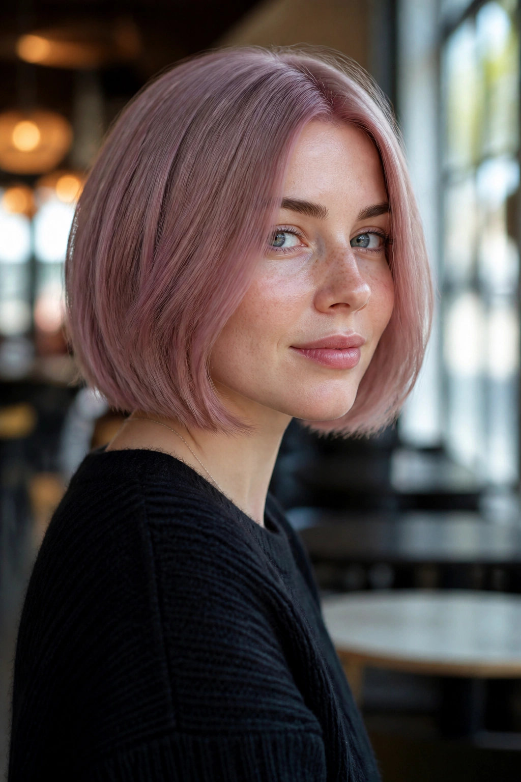 Close-up of a real woman with dusty rose bob and cool pink-lavender tones