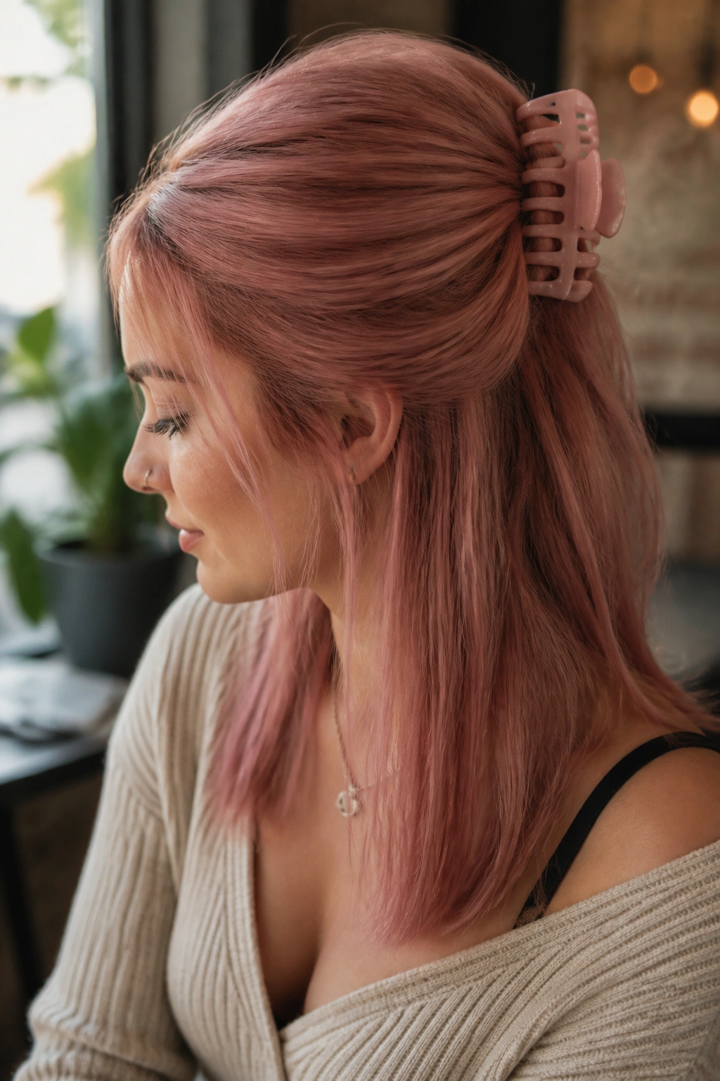 Close-up of real woman with dusty rose half-up claw clip hairstyle in cafe light