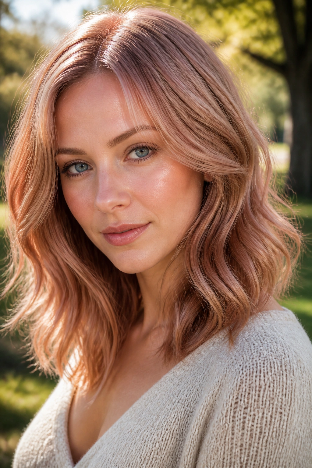 Close-up portrait of a real woman with dusty rose copper blonde hair