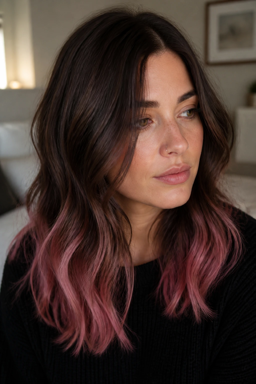 Close-up portrait of Dusty Rose Ends on Chocolate Brown hair