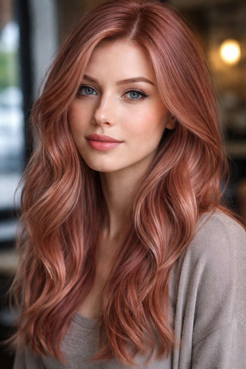 Close-up portrait of a woman with dusty rose ginger hair in daylight.