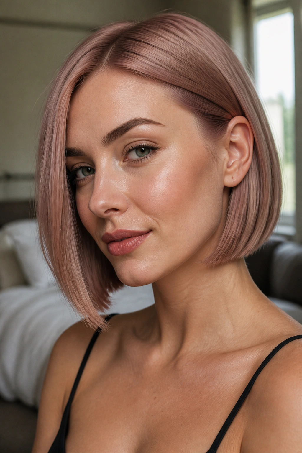 Close-up of a woman with a dusty rose gold chin-length bob on cool skin tones by a window