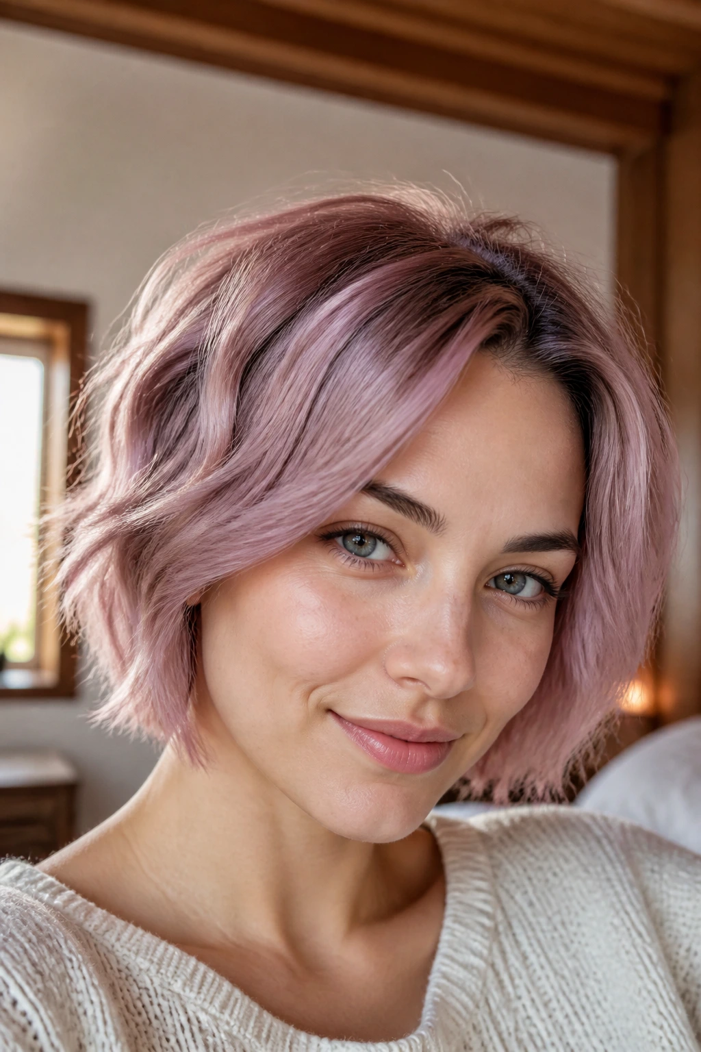 Close-up portrait of a real person with dusty rose hair on cool skin in a softly lit room