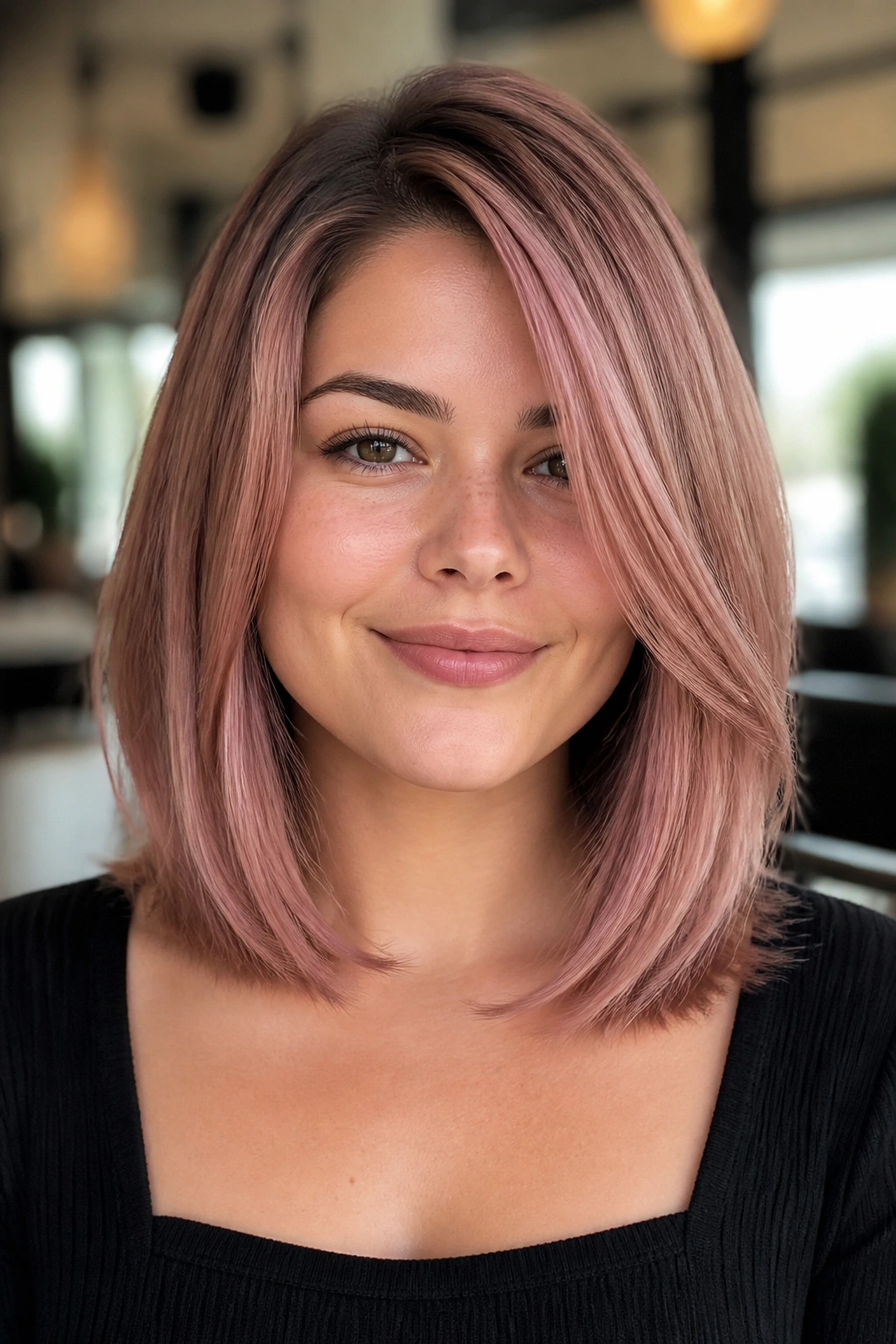 Dusty rose lob close-up on real woman in a warm salon, soft pink collarbone-length hair with a subtle root shadow