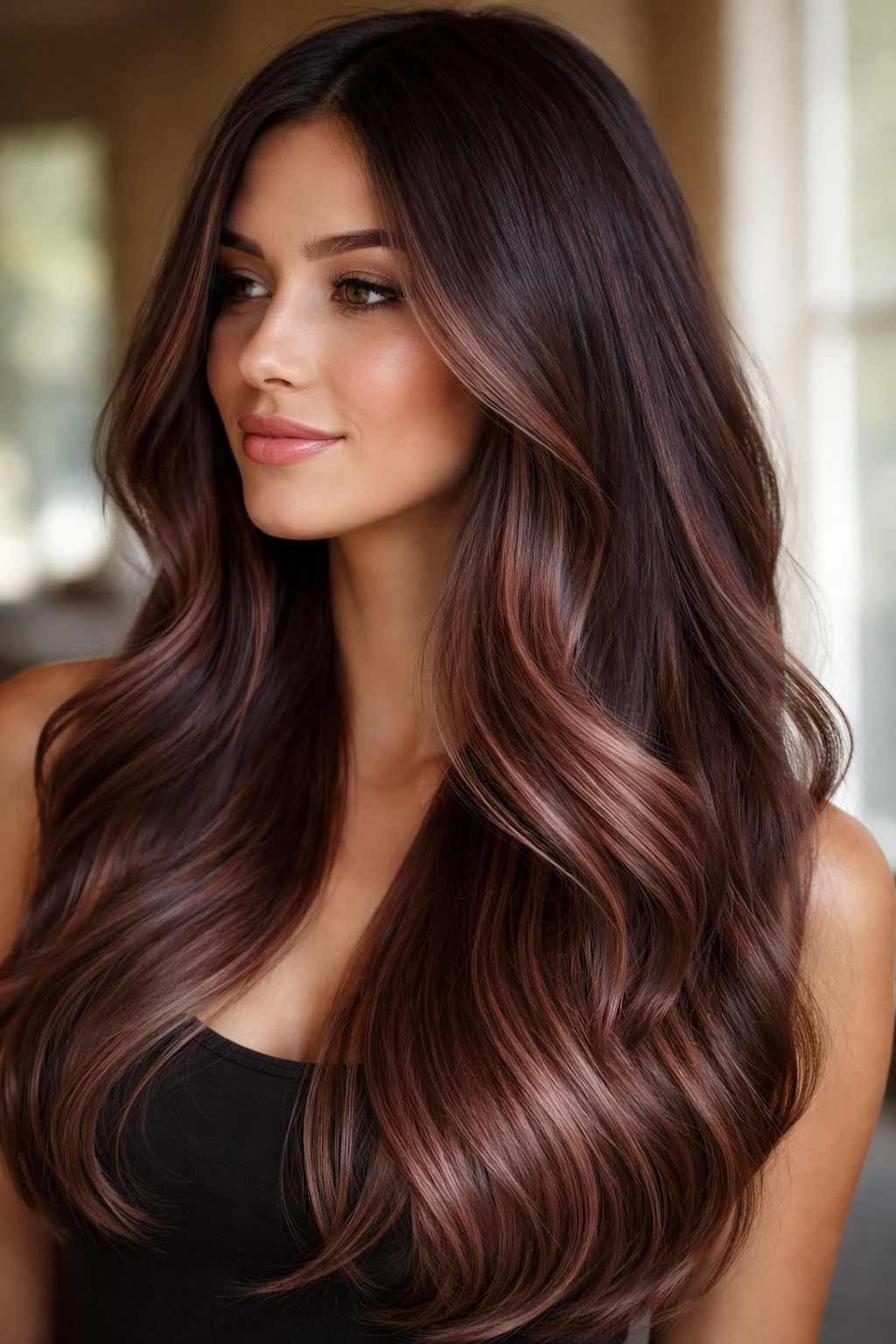 Espresso brown hair with a dusty rose melt transitioning from mid-lengths to ends