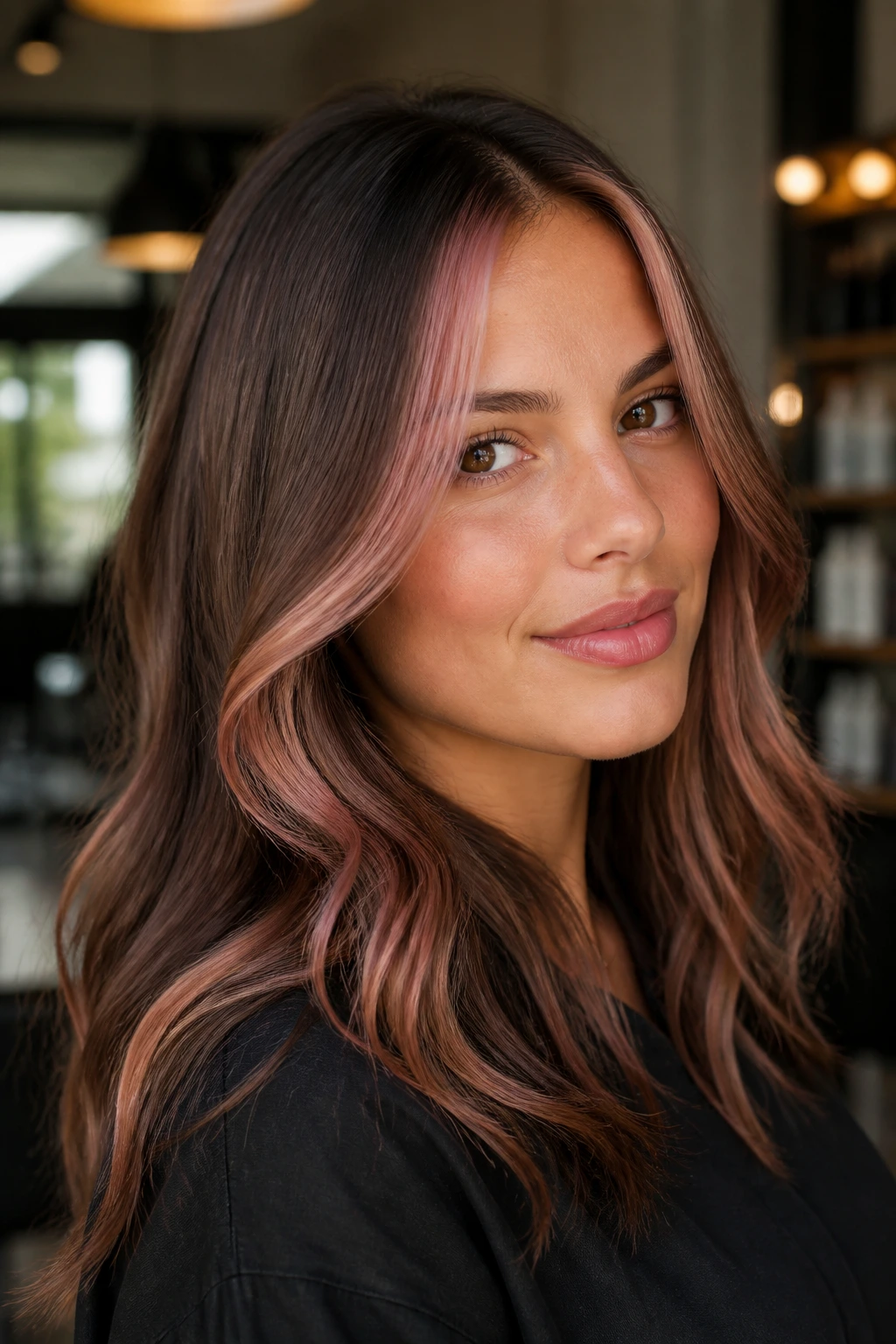 Close-up of brown hair with dusty rose face-framing money piece