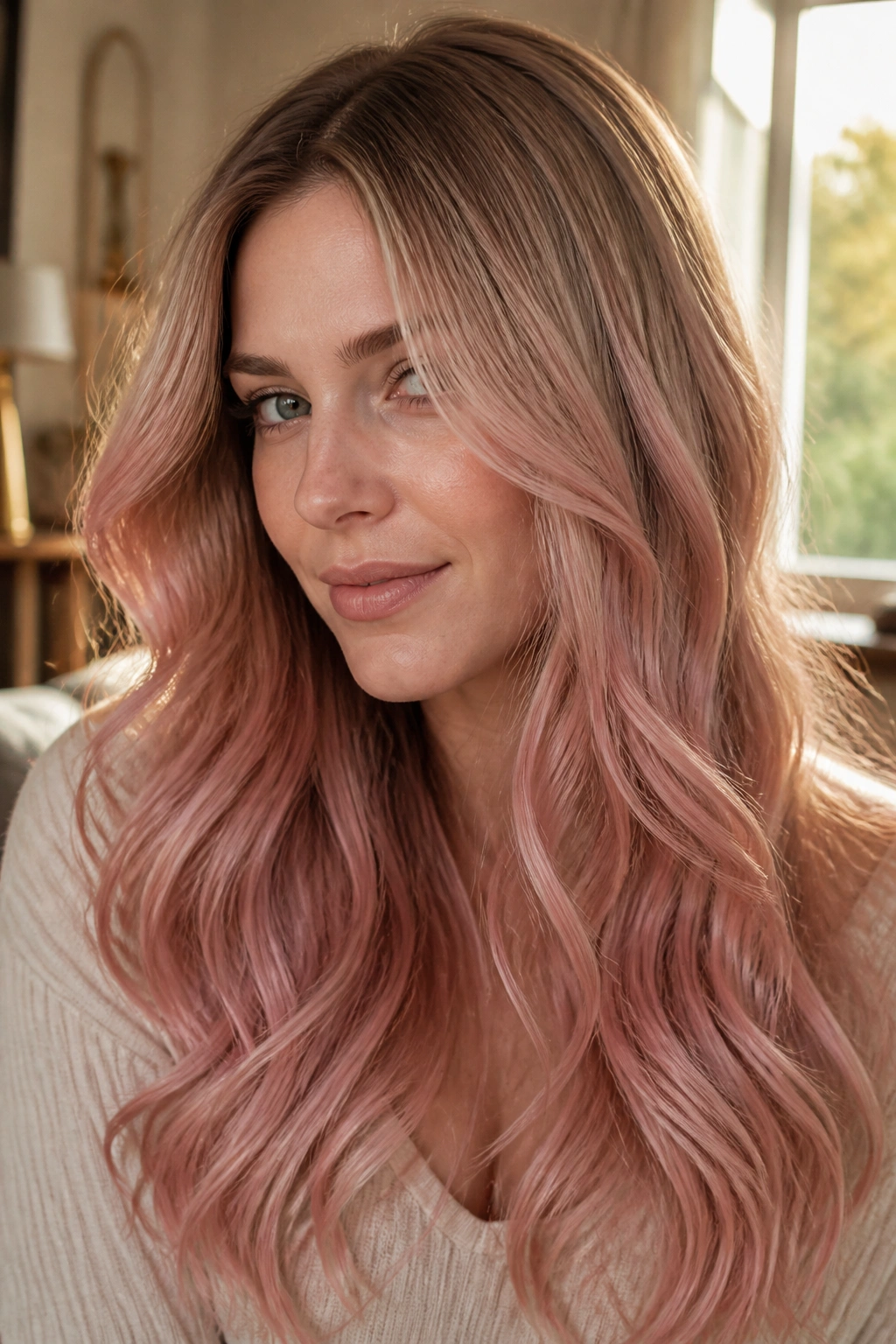 Close-up of dark blonde hair transitioning to dusty rose ombre