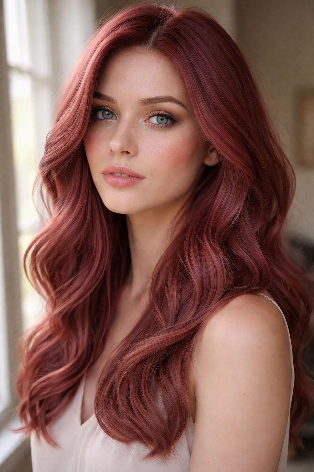 Close-up of a woman with dusty rose red hair in a soft, muted finish