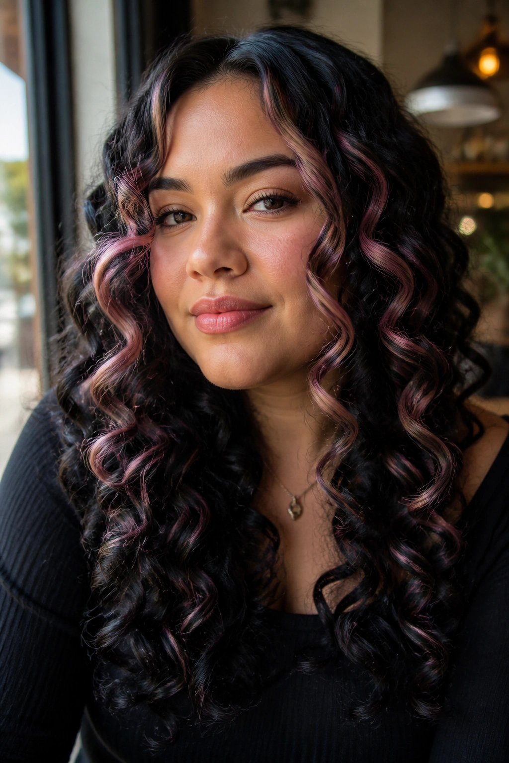 Close-up of a real woman with black curls and dusty rose ribbon highlights.