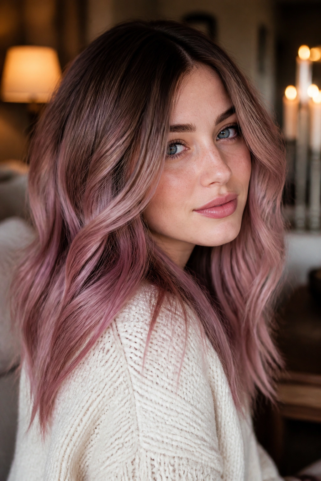 Close-up portrait of a real person with dusty rose root melt hair indoors