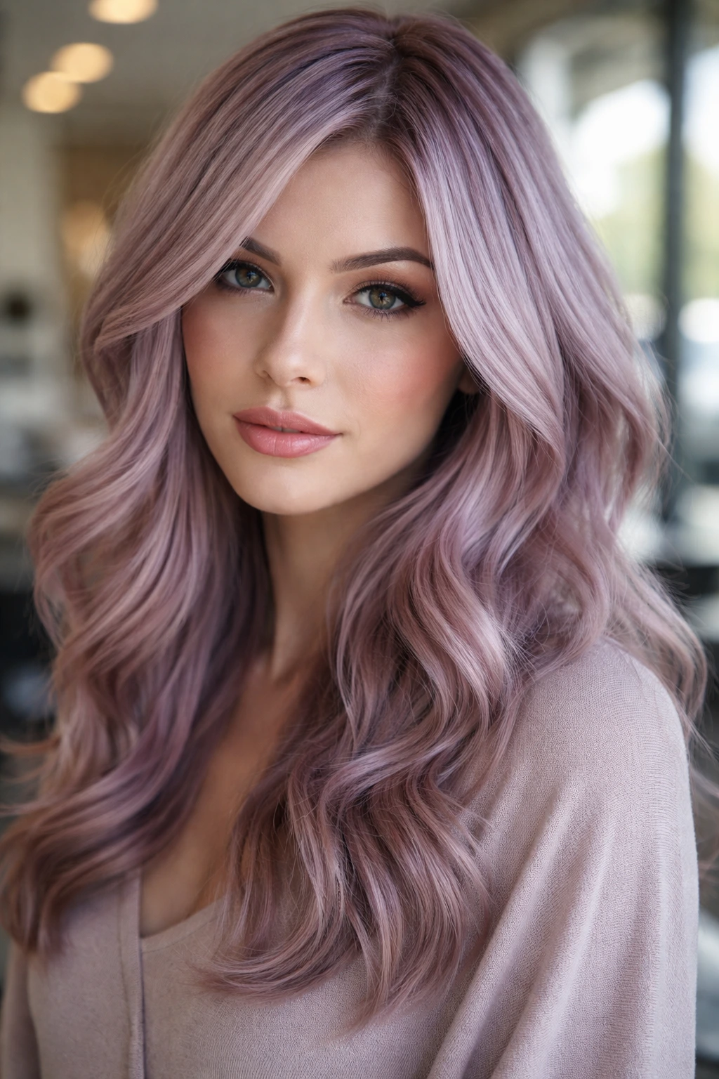 Close-up portrait of a real person with dusty rose silver hair in a cool ash base.