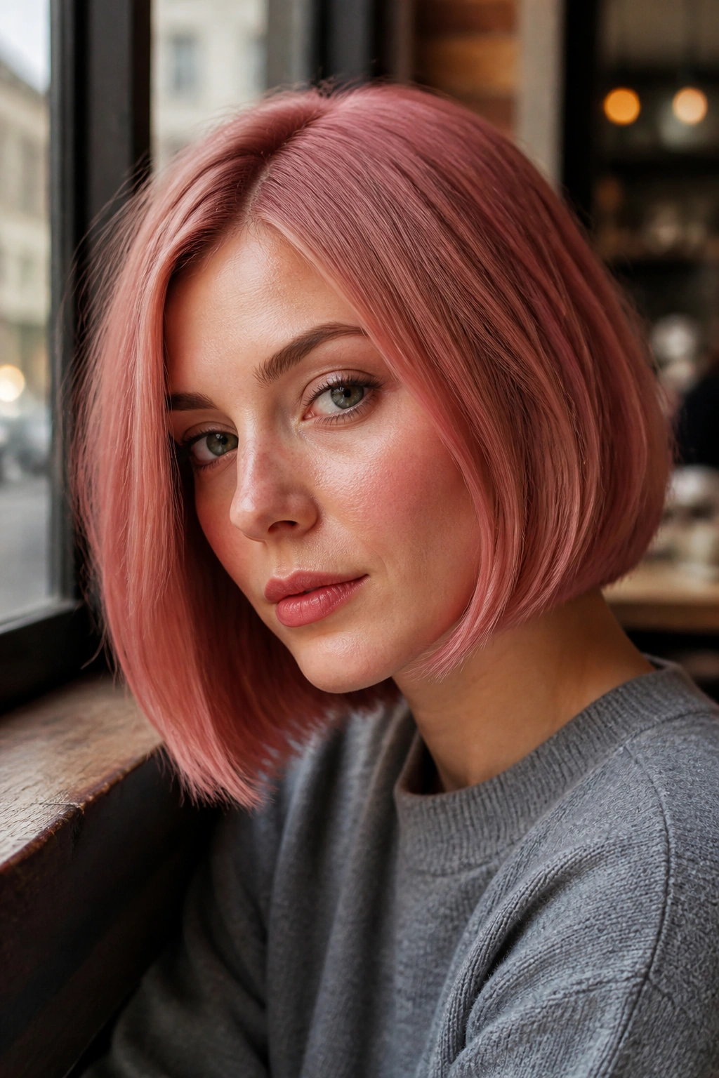 Close-up of real woman with dusty rose strawberry bob in blunt cut