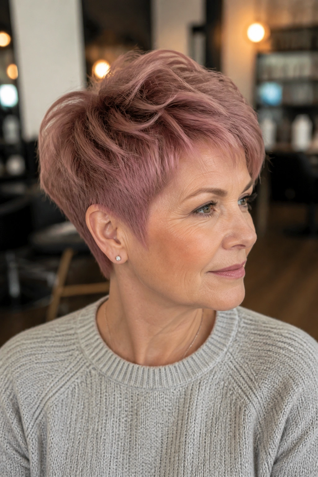 Close-up of a real person with a dusty rose tapered pixie