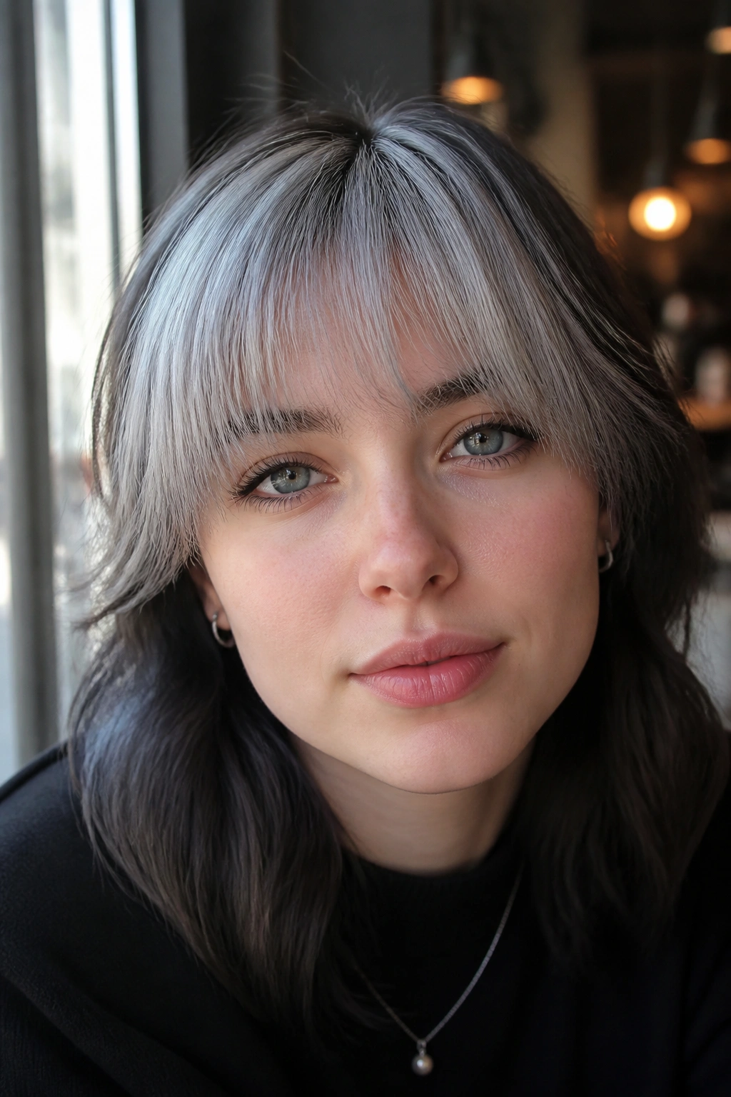 Person with dusty silver fringe framing the face in natural morning light