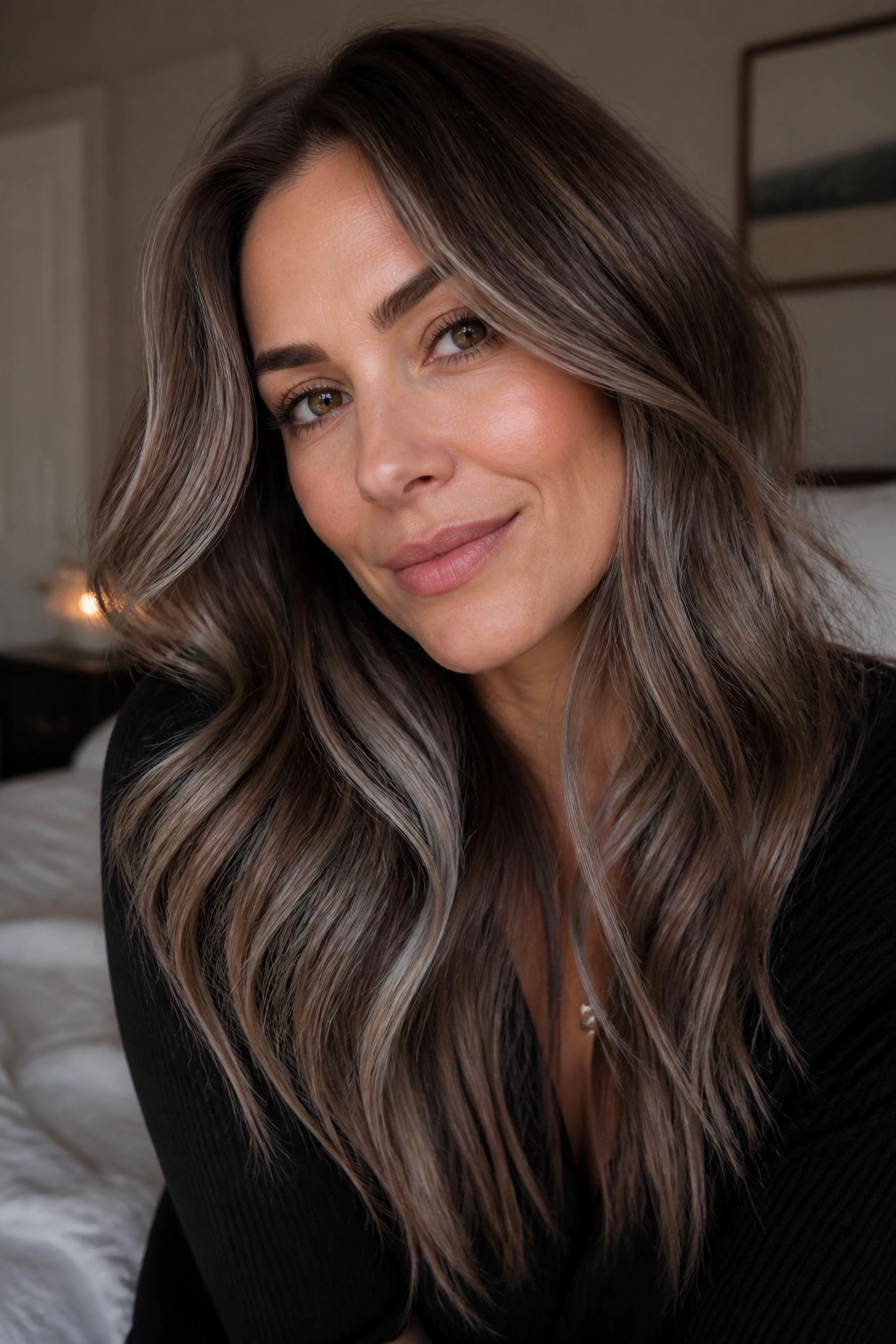 Close-up of a real woman with dusty silver highlights in warm brown hair