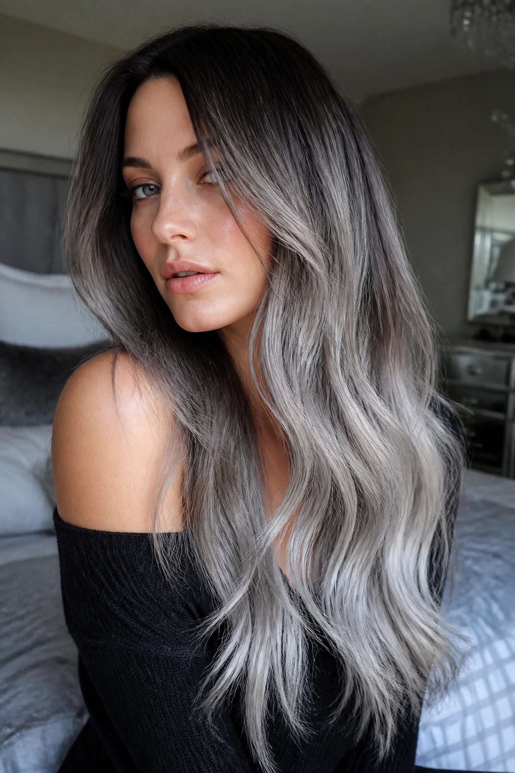Close-up portrait of a real woman with dusty silver ombre hair