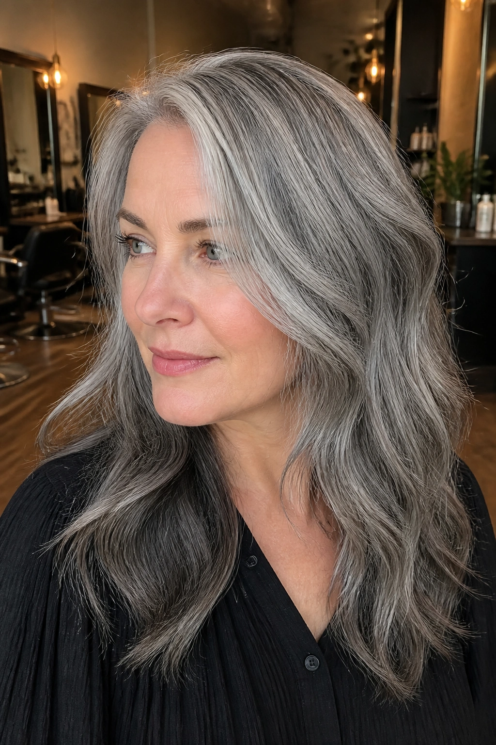 Close-up of dusty silver hair with slate lowlights on a real person.