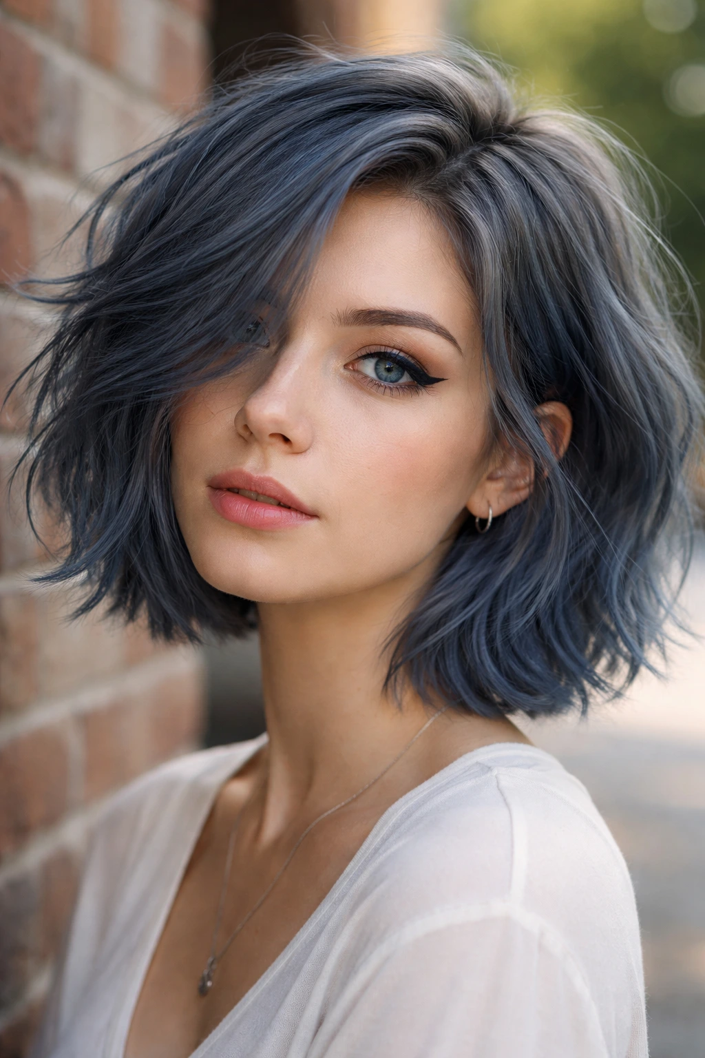 Close-up of a real person with dusty slate blue hair in natural daylight.