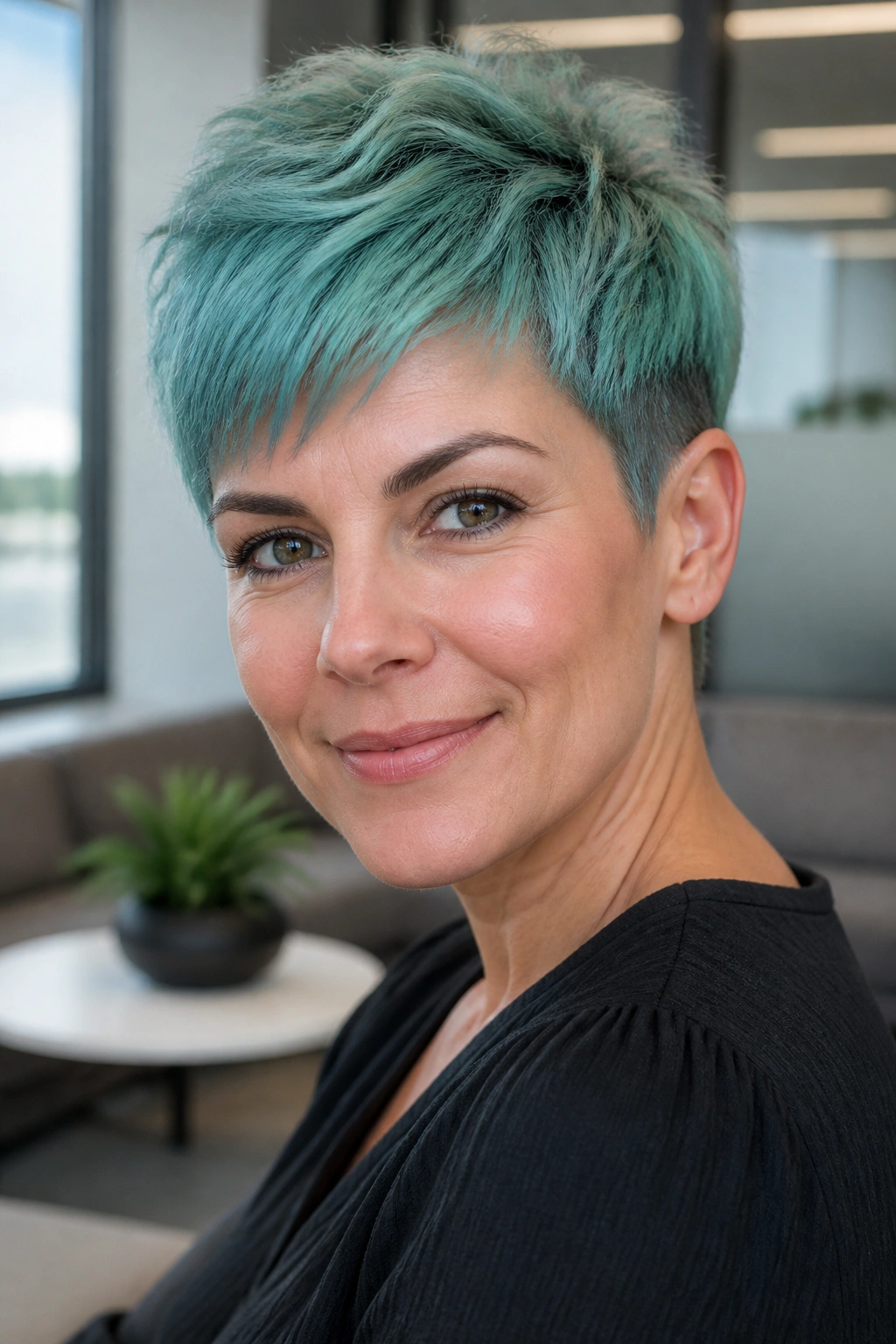 Close-up of a real person with a dusty teal cropped pixie showing short back and longer top.