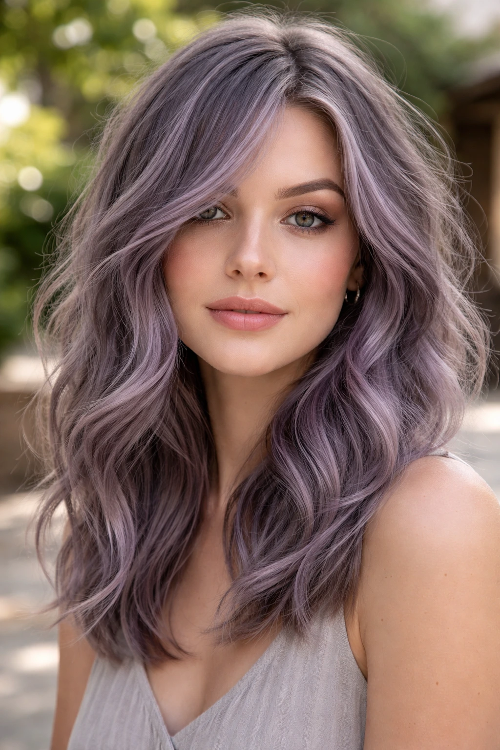 Close-up of dusty violet-grey waves on a real woman in natural sunlight