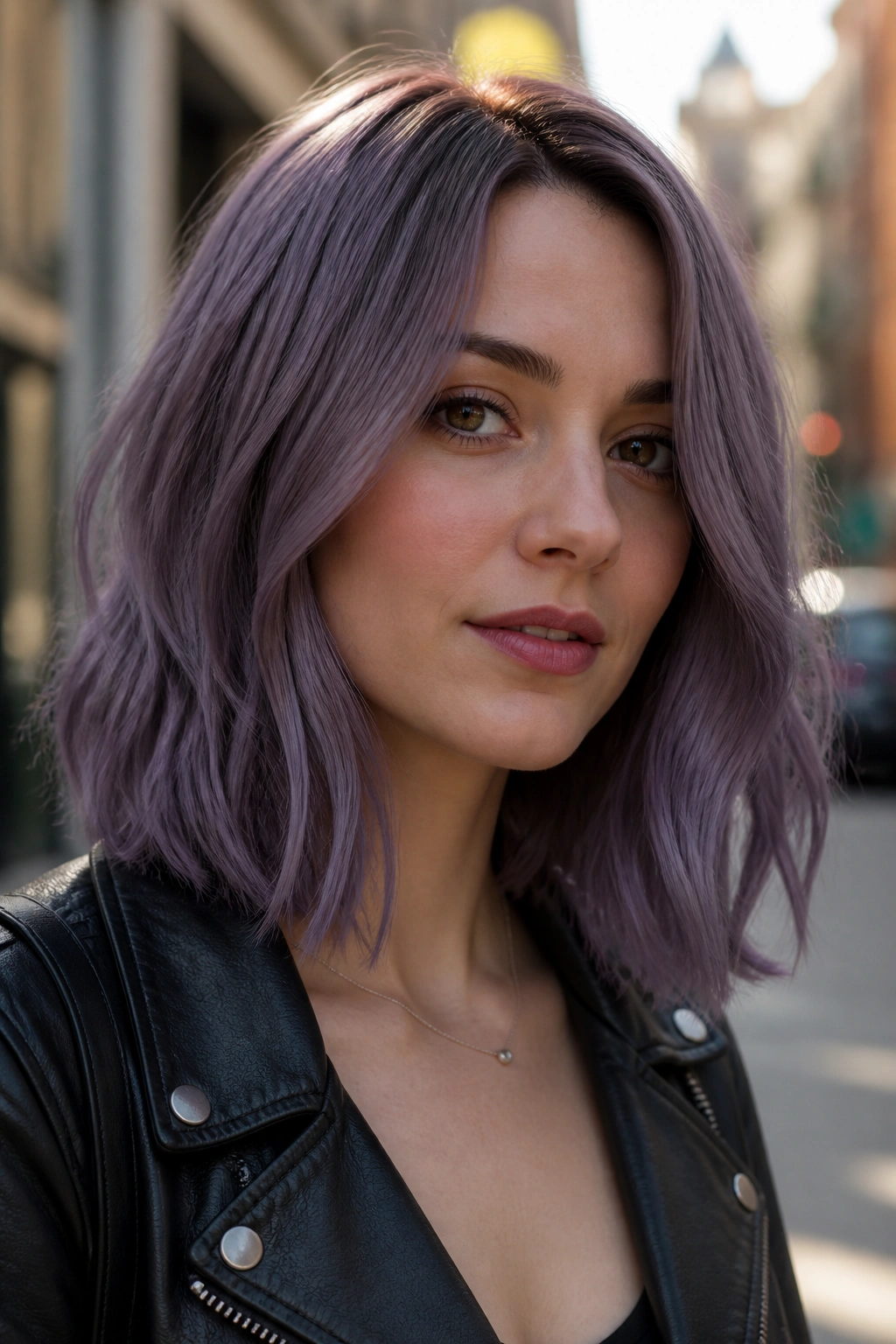 Close-up portrait of a person with dusty violet lob hair in natural light