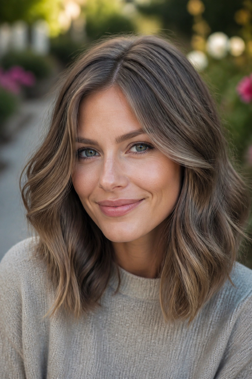 Close-up of dusty walnut bronde hair on a real woman with cool-toned brown base