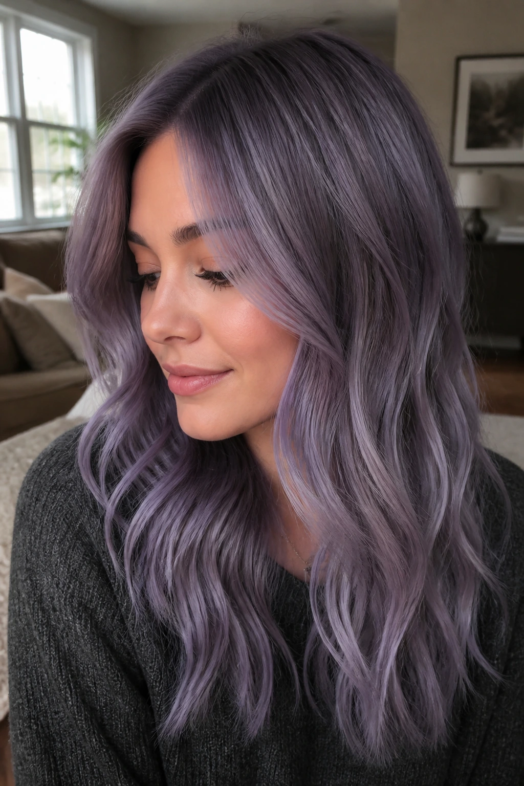 Close-up of a real person with dusty wisteria hair in a cozy, softly lit room.