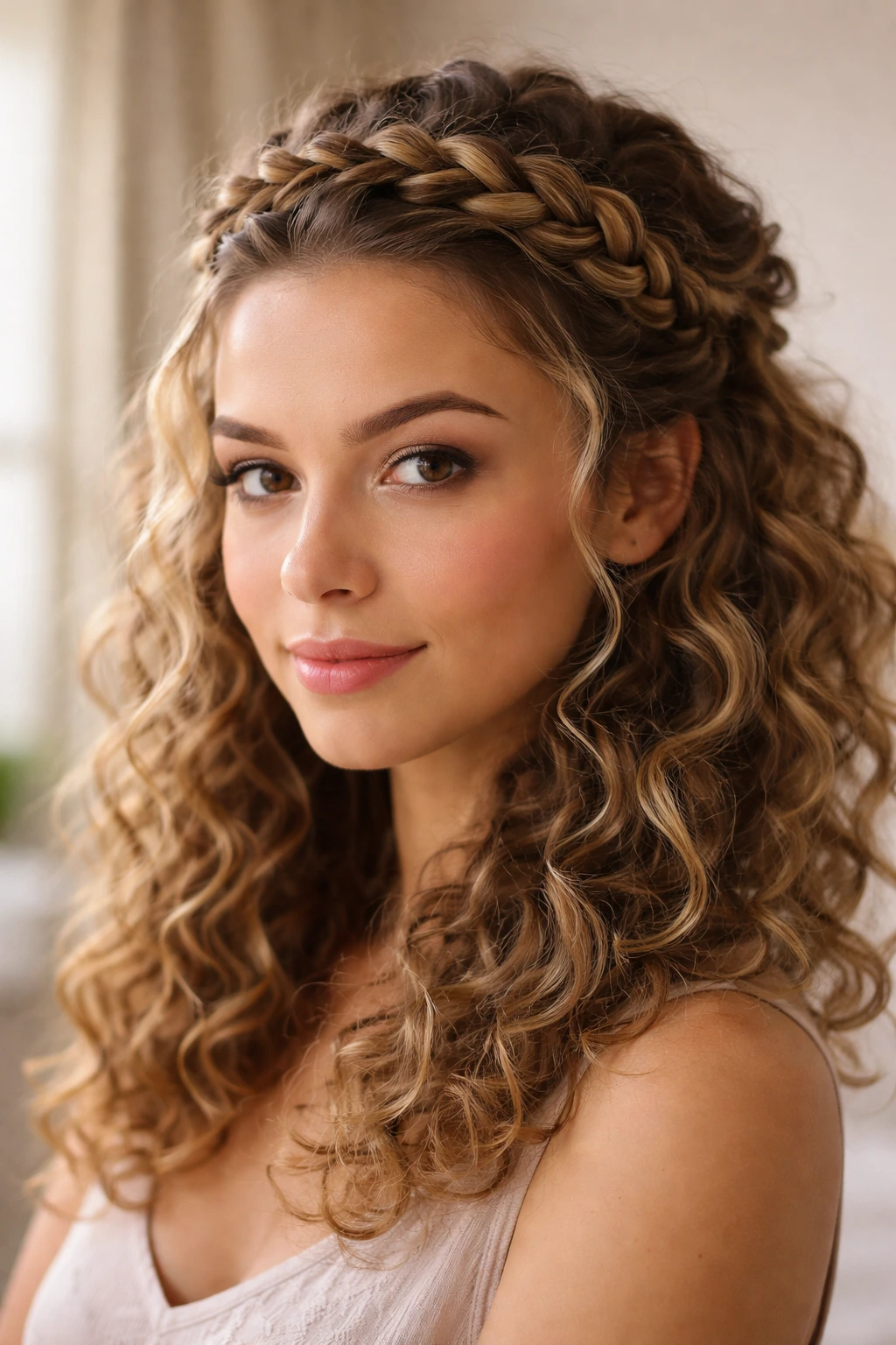Close-up portrait of a real woman wearing a Dutch braid crown that frames the head and reveals curls underneath